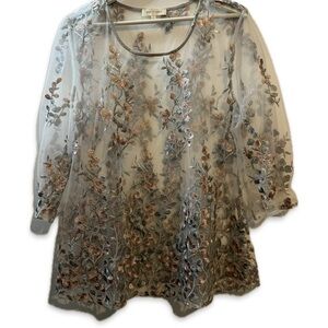 Vintage Floral Embroidered Sheer Top Size L